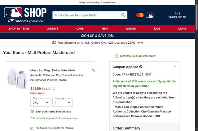 San Diego Padres checkout page showing San Diego Padres promo code box | Screenshot taken by SimplyCodes community member on Sep 7, 2025