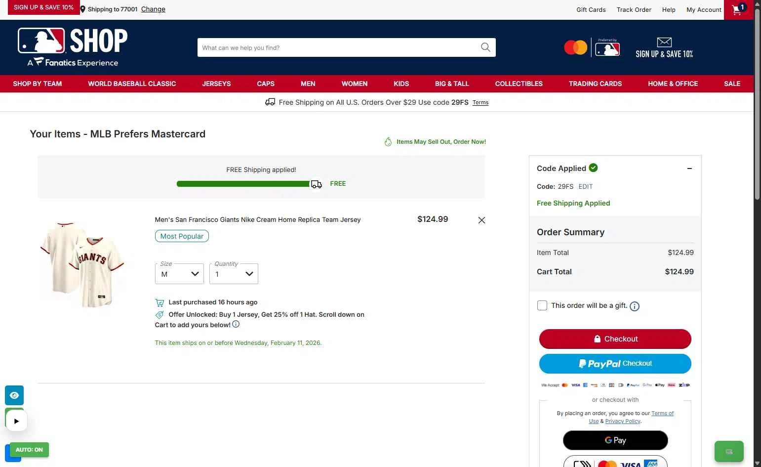 San Diego Padres checkout page showing San Diego Padres promo code box | Screenshot taken by SimplyCodes community member on Feb 6, 2026
