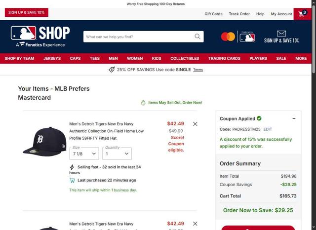 San Diego Padres checkout page showing San Diego Padres promo code box | Screenshot taken by SimplyCodes community member on Oct 5, 2025