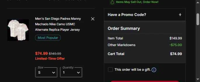 San Diego Padres checkout page showing San Diego Padres promo code box | Screenshot taken by SimplyCodes community member on Jan 28, 2026