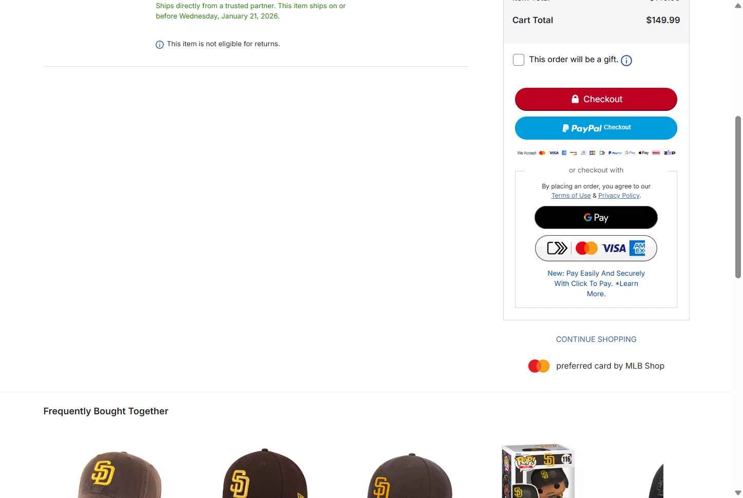 San Diego Padres checkout page showing San Diego Padres promo code box | Screenshot taken by SimplyCodes community member on Jan 7, 2026