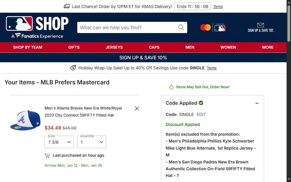 San Diego Padres checkout page showing San Diego Padres promo code box | Screenshot taken by SimplyCodes community member on Dec 22, 2025