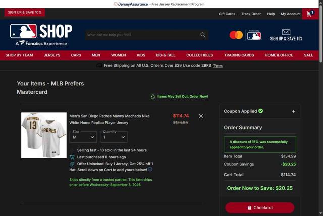 San Diego Padres checkout page showing San Diego Padres promo code box | Screenshot taken by SimplyCodes community member on Sep 2, 2025
