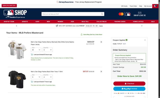San Diego Padres checkout page showing San Diego Padres promo code box | Screenshot taken by SimplyCodes community member on Oct 3, 2025