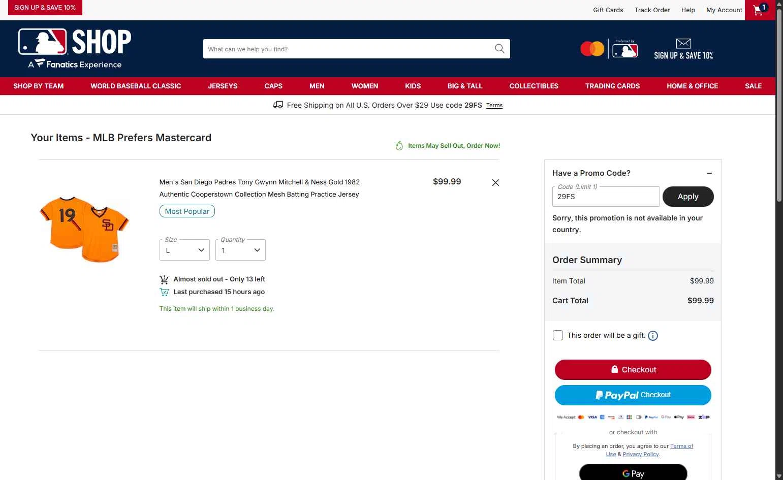San Diego Padres checkout page showing San Diego Padres promo code box | Screenshot taken by SimplyCodes community member on Jan 19, 2026