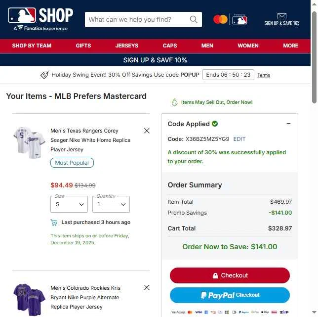 San Diego Padres checkout page showing San Diego Padres promo code box | Screenshot taken by SimplyCodes community member on Dec 18, 2025