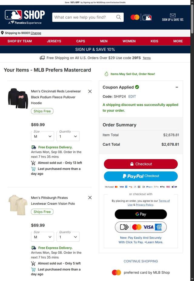 San Diego Padres checkout page showing San Diego Padres promo code box | Screenshot taken by SimplyCodes community member on Sep 4, 2025