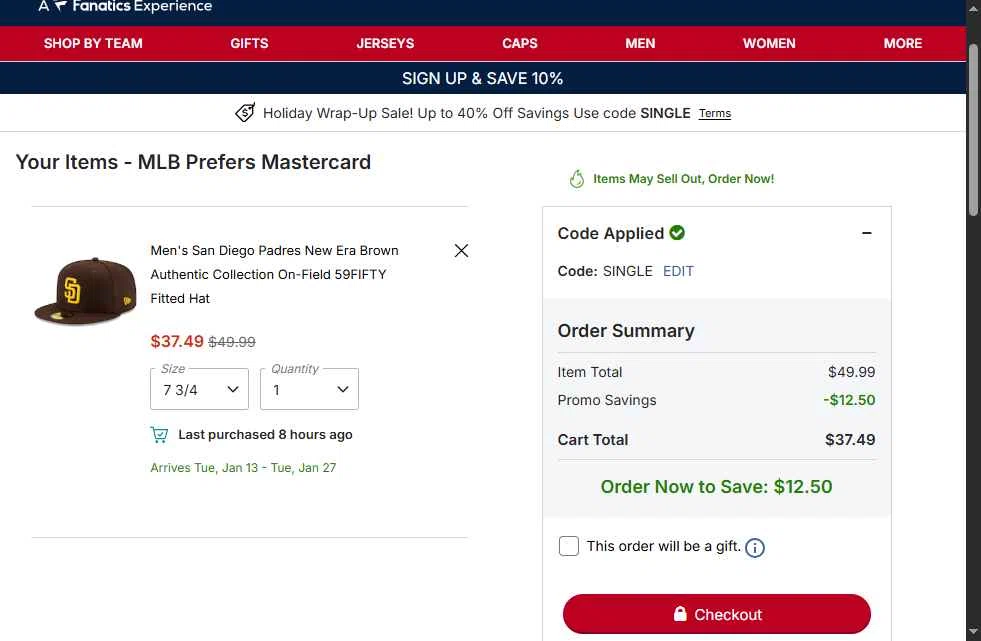 San Diego Padres checkout page showing San Diego Padres promo code box | Screenshot taken by SimplyCodes community member on Dec 28, 2025
