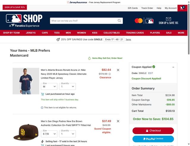 San Diego Padres checkout page showing San Diego Padres promo code box | Screenshot taken by SimplyCodes community member on Oct 6, 2025