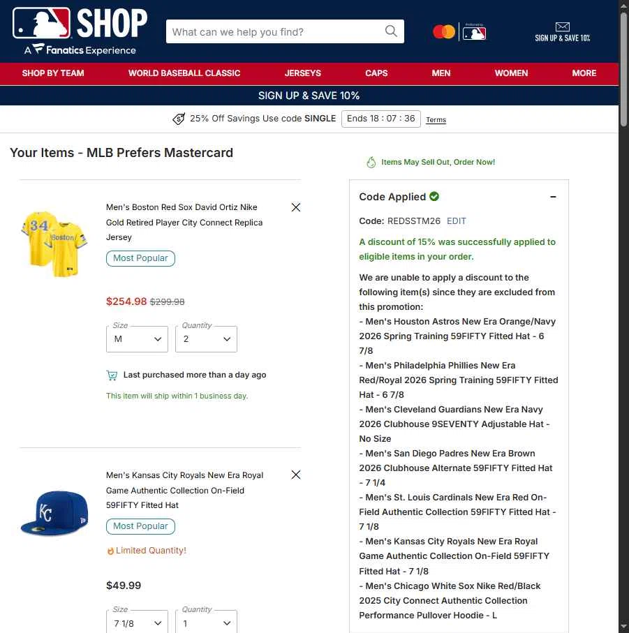 San Diego Padres checkout page showing San Diego Padres promo code box | Screenshot taken by SimplyCodes community member on Feb 24, 2026