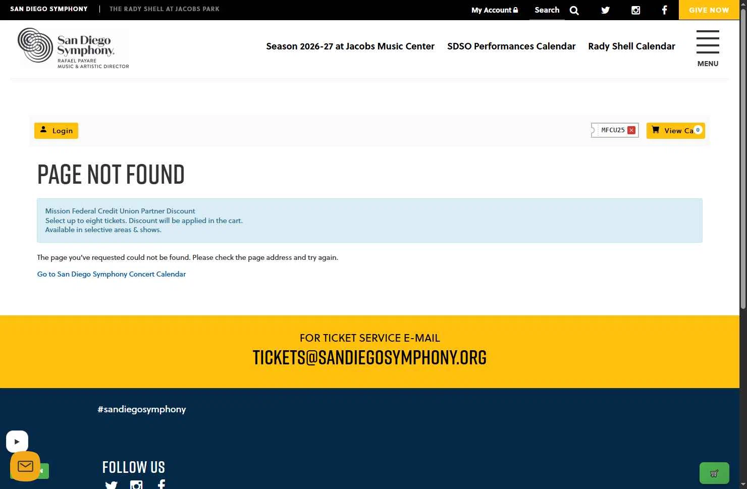 San Diego Symphony checkout page showing San Diego Symphony promo code box | Screenshot taken by SimplyCodes community member on Jan 31, 2026