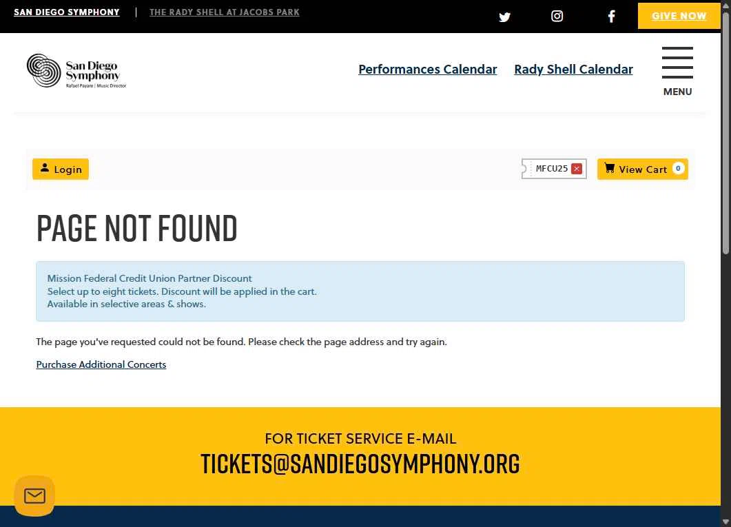 San Diego Symphony checkout page showing San Diego Symphony promo code box | Screenshot taken by SimplyCodes community member on Oct 7, 2025