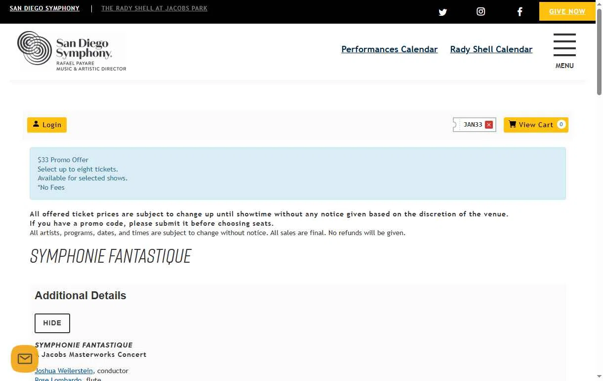 San Diego Symphony checkout page showing San Diego Symphony promo code box | Screenshot taken by SimplyCodes community member on Nov 19, 2025