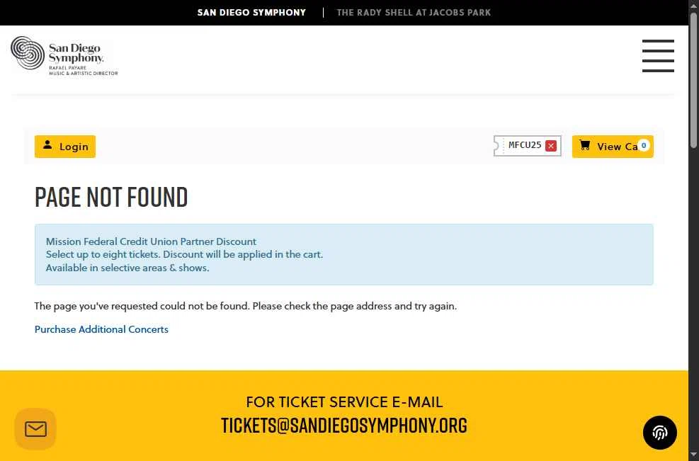 San Diego Symphony checkout page showing San Diego Symphony promo code box | Screenshot taken by SimplyCodes community member on Jan 2, 2026