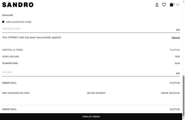Sandro Paris checkout page showing Sandro Paris promo code box | Screenshot taken by SimplyCodes community member on May 9, 2025