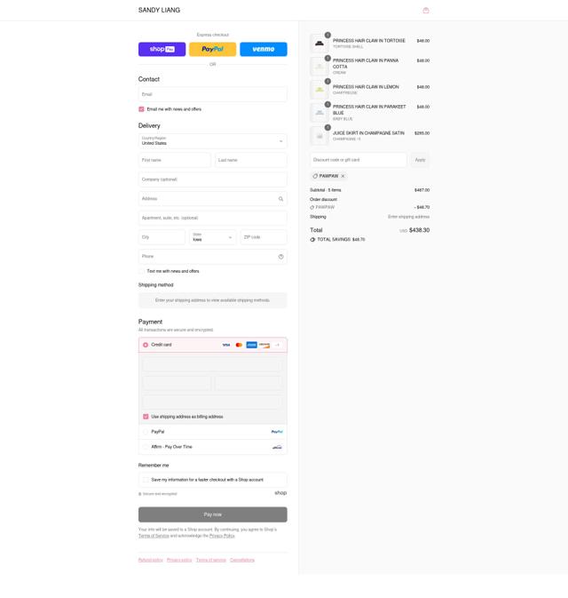 Sandy Liang checkout page showing Sandy Liang discount code box | Screenshot taken by SimplyCodes community member on Aug 13, 2025