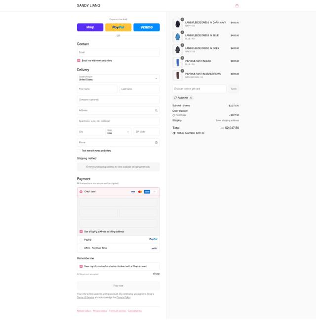Sandy Liang checkout page showing Sandy Liang discount code box | Screenshot taken by SimplyCodes community member on Sep 12, 2025