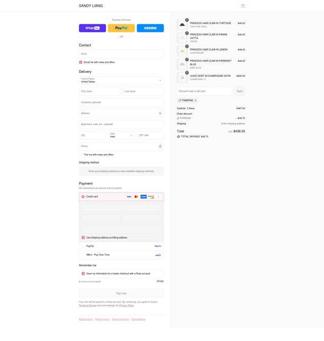 Sandy Liang checkout page showing Sandy Liang discount code box | Screenshot taken by SimplyCodes community member on Aug 17, 2025