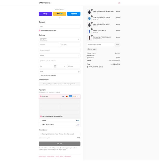 Sandy Liang checkout page showing Sandy Liang discount code box | Screenshot taken by SimplyCodes community member on Aug 31, 2025