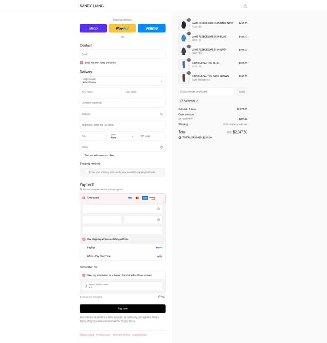 Sandy Liang checkout page showing Sandy Liang discount code box | Screenshot taken by SimplyCodes community member on Sep 8, 2025