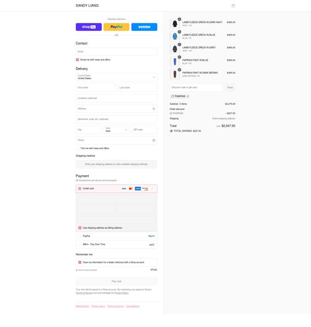 Sandy Liang checkout page showing Sandy Liang discount code box | Screenshot taken by SimplyCodes community member on Aug 27, 2025