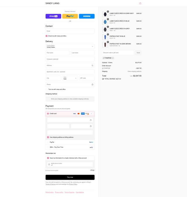 Sandy Liang checkout page showing Sandy Liang discount code box | Screenshot taken by SimplyCodes community member on Aug 22, 2025