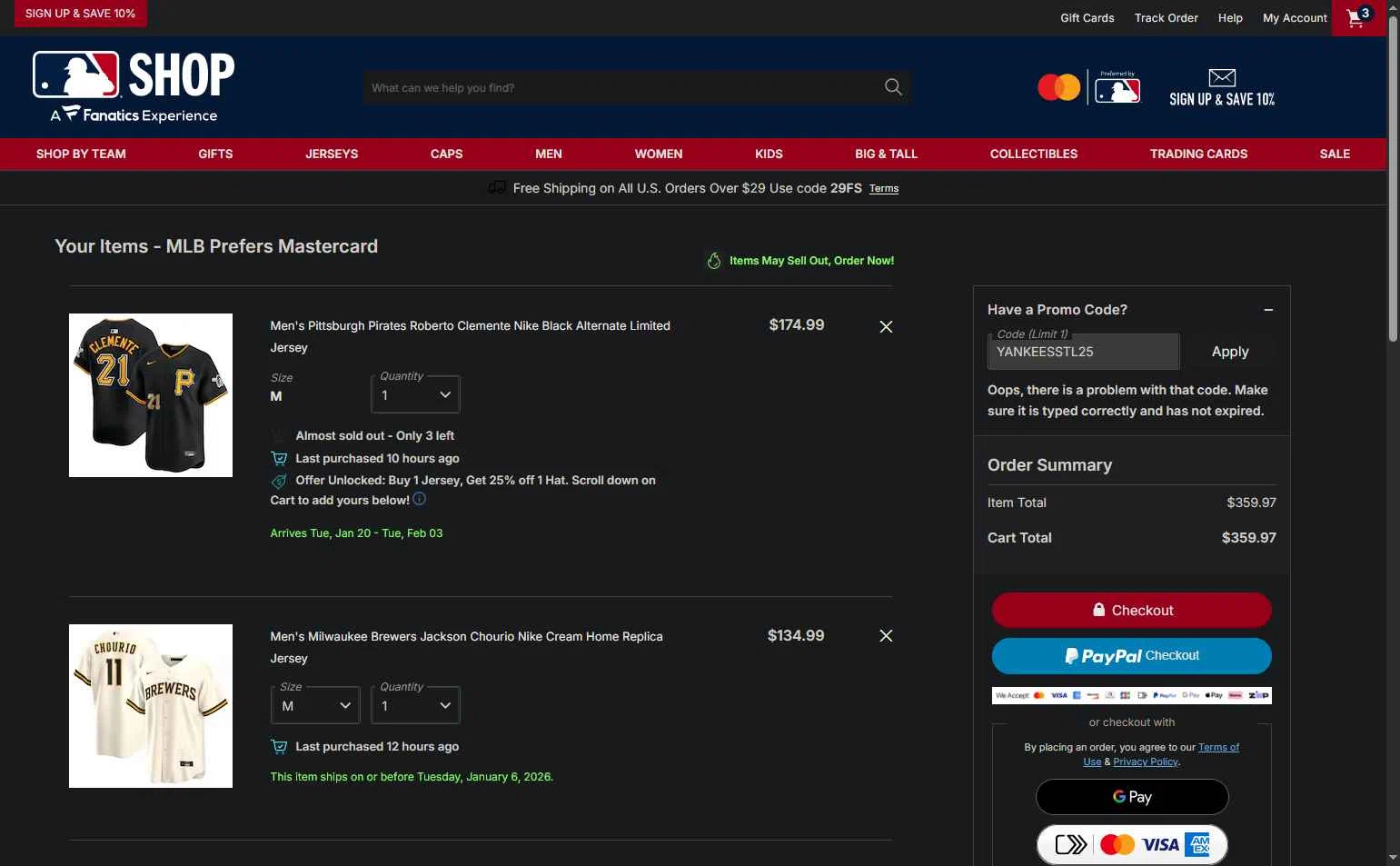 San Francisco Giants checkout page showing San Francisco Giants coupon code box | Screenshot taken by SimplyCodes community member on Jan 6, 2026