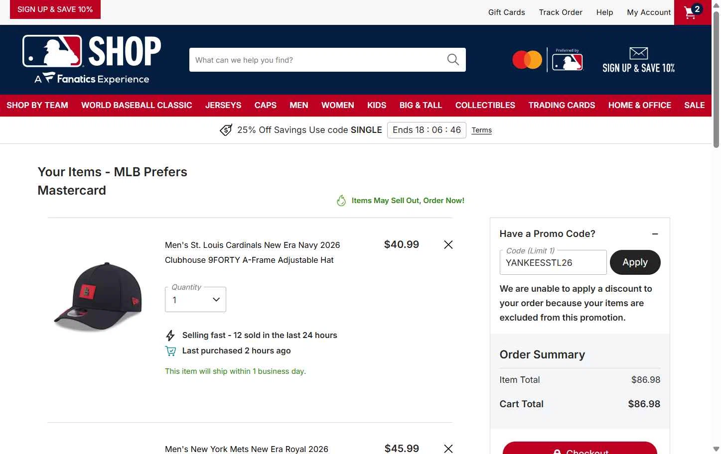 San Francisco Giants checkout page showing San Francisco Giants coupon code box | Screenshot taken by SimplyCodes community member on Feb 24, 2026