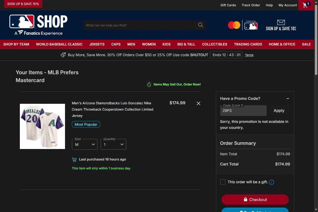 San Francisco Giants checkout page showing San Francisco Giants coupon code box | Screenshot taken by SimplyCodes community member on Jan 23, 2026