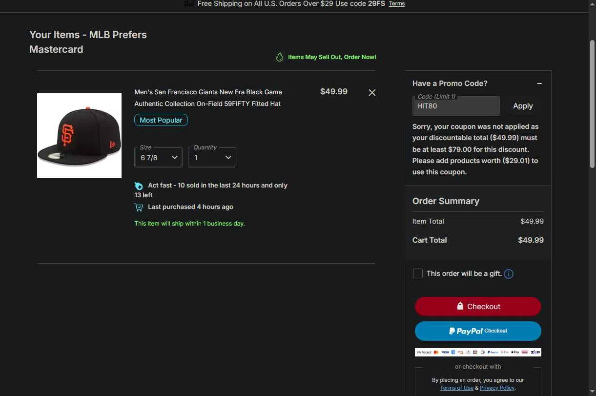 San Francisco Giants checkout page showing San Francisco Giants coupon code box | Screenshot taken by SimplyCodes community member on Jan 30, 2026