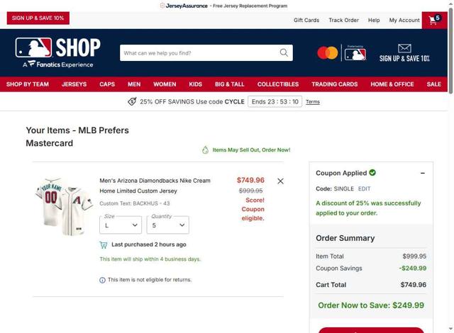 San Francisco Giants checkout page showing San Francisco Giants coupon code box | Screenshot taken by SimplyCodes community member on Sep 10, 2025