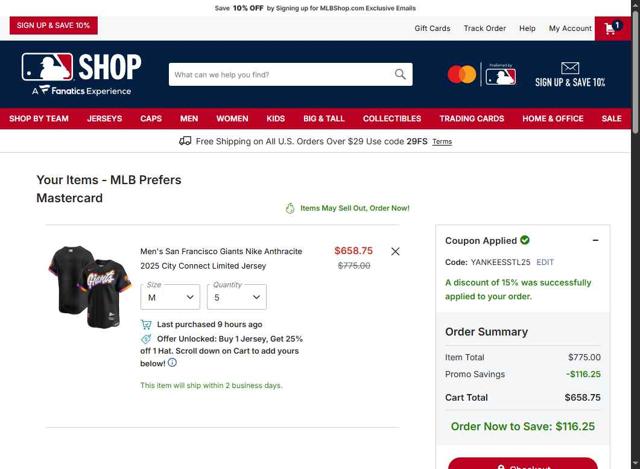 San Francisco Giants checkout page showing San Francisco Giants coupon code box | Screenshot taken by SimplyCodes community member on Sep 7, 2025