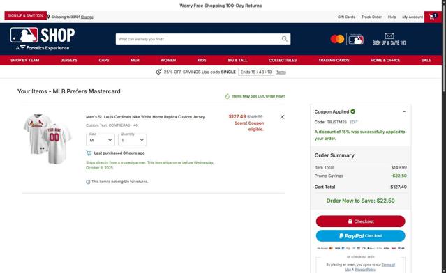 San Francisco Giants checkout page showing San Francisco Giants coupon code box | Screenshot taken by SimplyCodes community member on Sep 10, 2025
