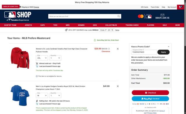 San Francisco Giants checkout page showing San Francisco Giants coupon code box | Screenshot taken by SimplyCodes community member on Sep 29, 2025