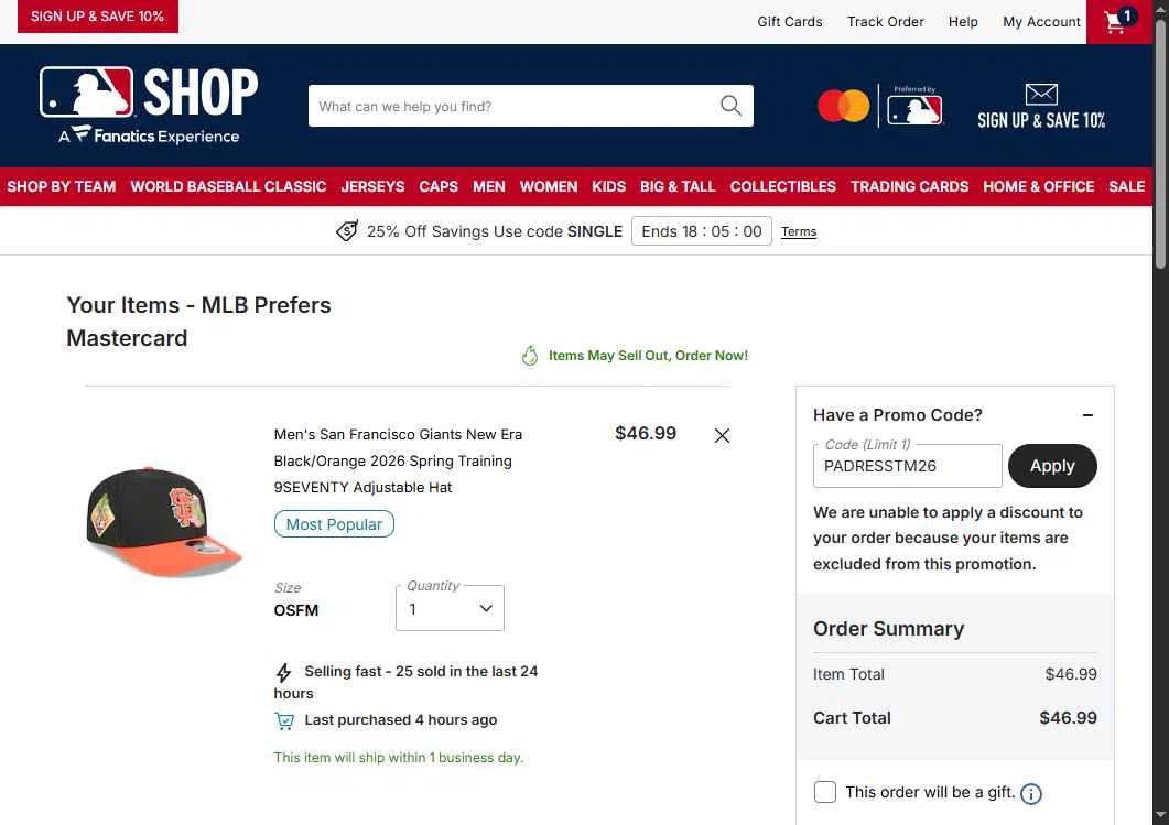 San Francisco Giants checkout page showing San Francisco Giants coupon code box | Screenshot taken by SimplyCodes community member on Feb 24, 2026