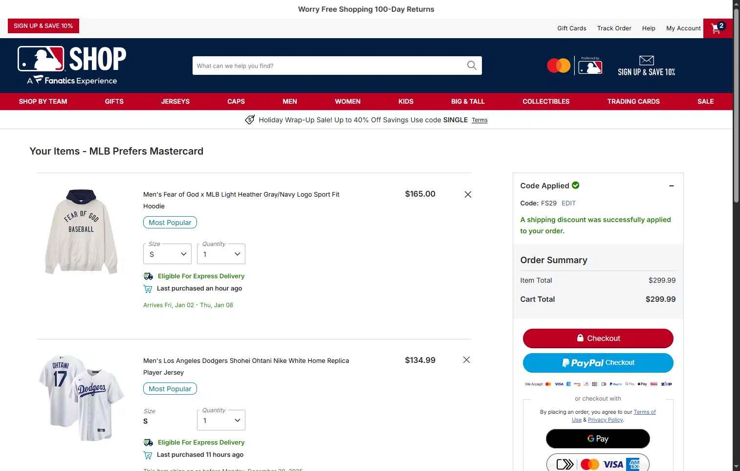 San Francisco Giants checkout page showing San Francisco Giants coupon code box | Screenshot taken by SimplyCodes community member on Dec 29, 2025