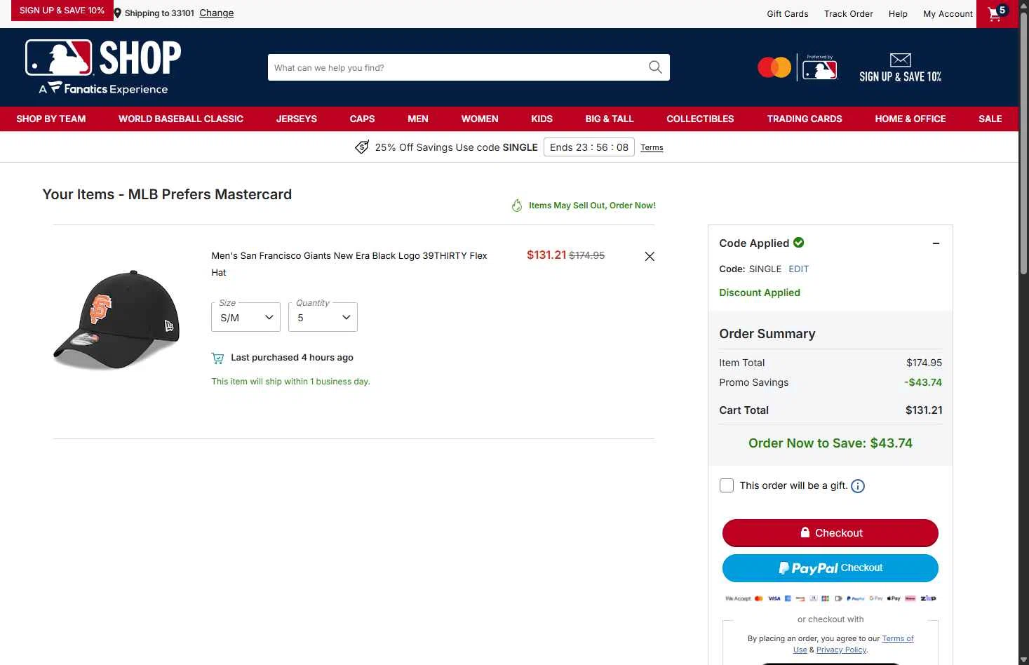 San Francisco Giants checkout page showing San Francisco Giants coupon code box | Screenshot taken by SimplyCodes community member on Feb 21, 2026