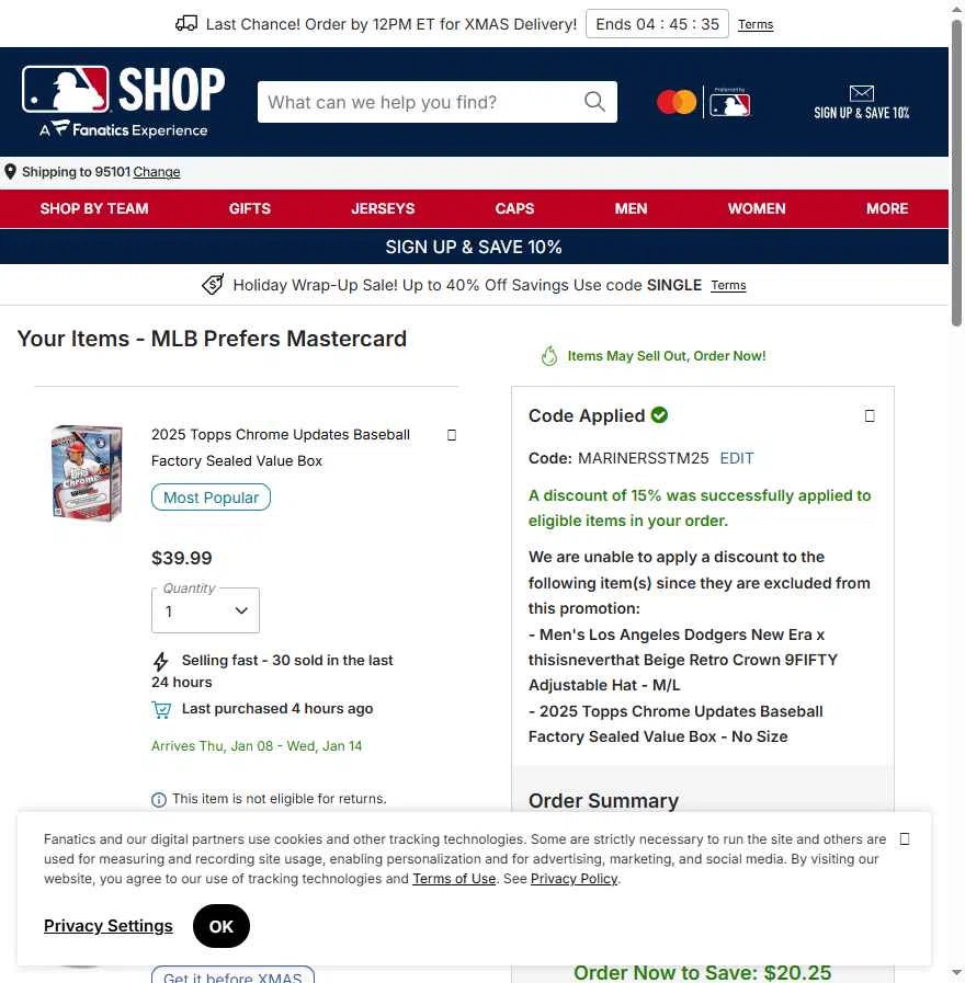 San Francisco Giants checkout page showing San Francisco Giants coupon code box | Screenshot taken by SimplyCodes community member on Dec 22, 2025