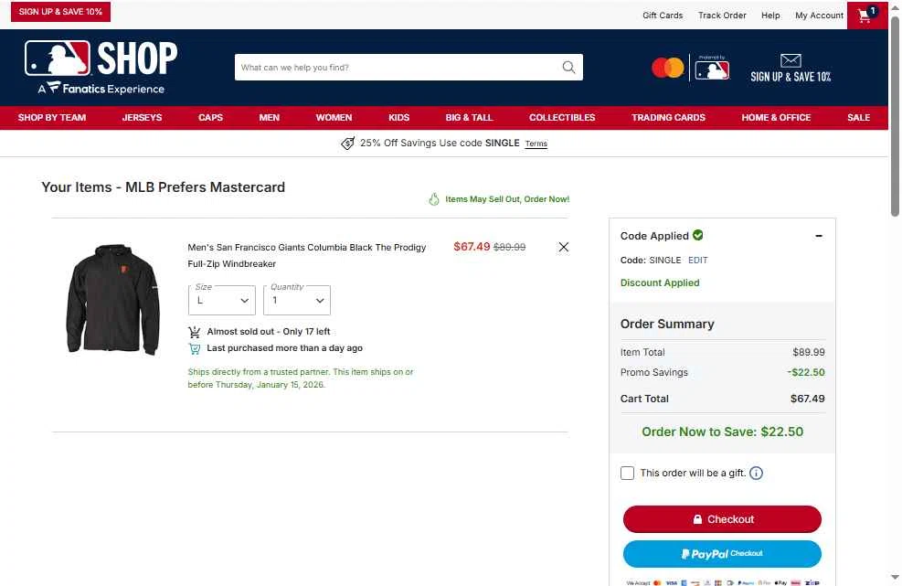 San Francisco Giants checkout page showing San Francisco Giants coupon code box | Screenshot taken by SimplyCodes community member on Jan 15, 2026