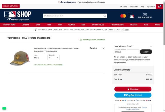 San Francisco Giants checkout page showing San Francisco Giants coupon code box | Screenshot taken by SimplyCodes community member on Sep 30, 2025