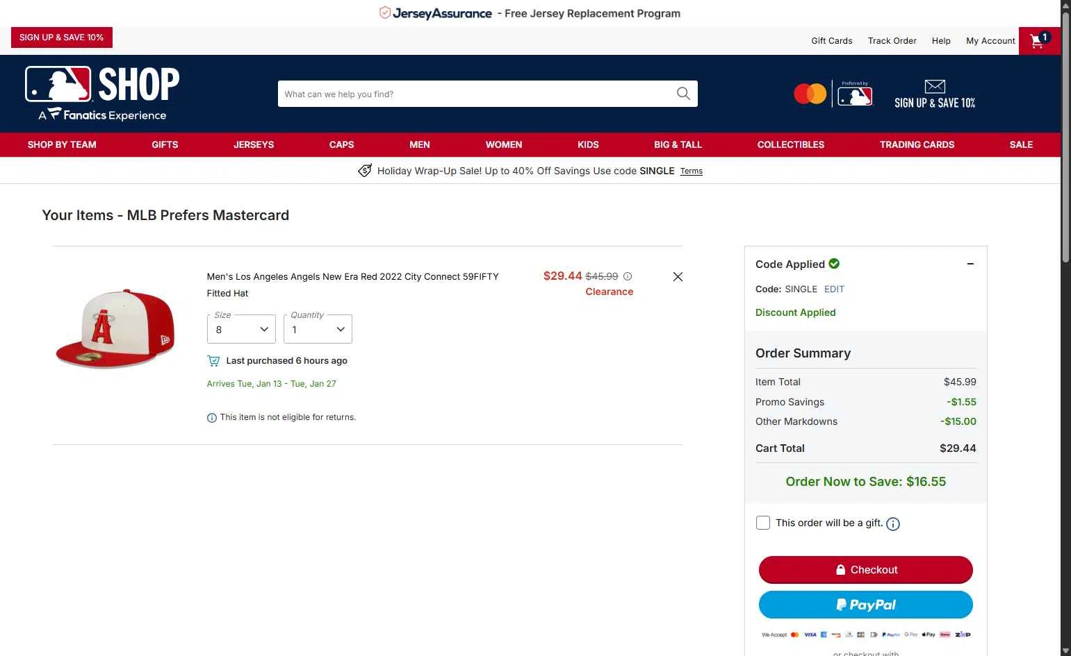 San Francisco Giants checkout page showing San Francisco Giants coupon code box | Screenshot taken by SimplyCodes community member on Dec 28, 2025