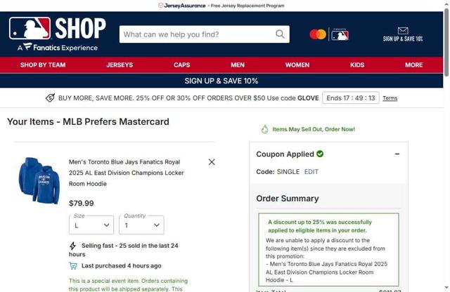 San Francisco Giants checkout page showing San Francisco Giants coupon code box | Screenshot taken by SimplyCodes community member on Sep 30, 2025