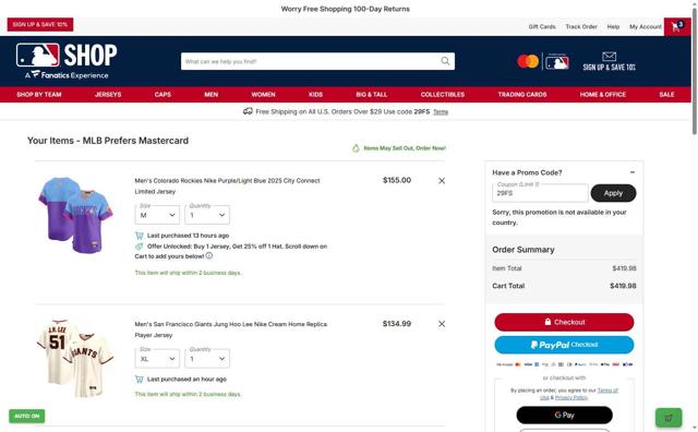 San Francisco Giants checkout page showing San Francisco Giants coupon code box | Screenshot taken by SimplyCodes community member on Sep 11, 2025