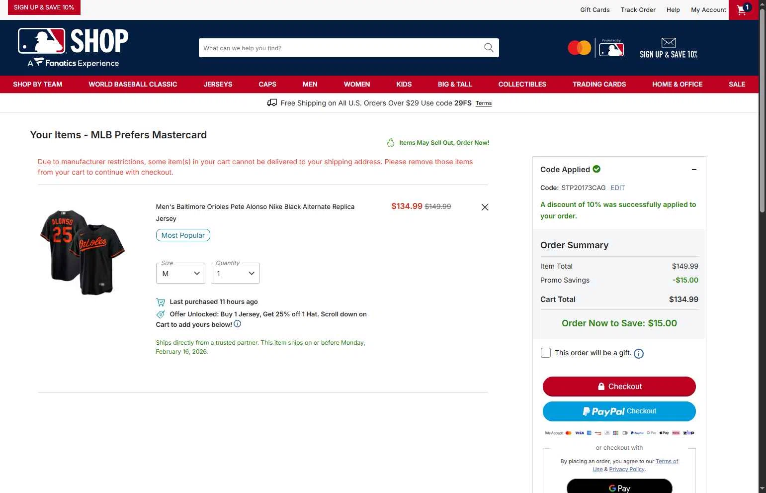 San Francisco Giants checkout page showing San Francisco Giants coupon code box | Screenshot taken by SimplyCodes community member on Feb 16, 2026