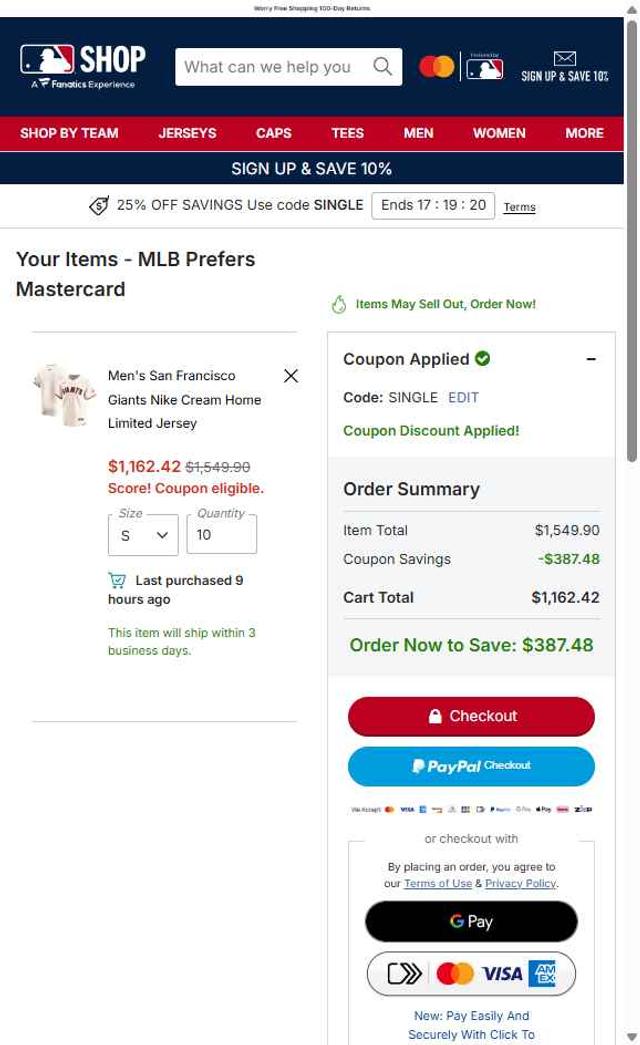 San Francisco Giants checkout page showing San Francisco Giants coupon code box | Screenshot taken by SimplyCodes community member on Oct 6, 2025