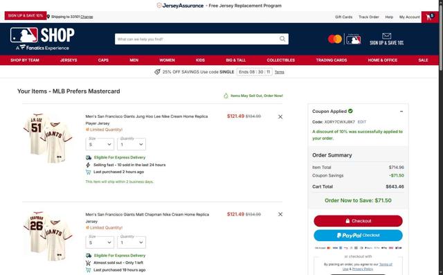 San Francisco Giants checkout page showing San Francisco Giants coupon code box | Screenshot taken by SimplyCodes community member on Sep 10, 2025