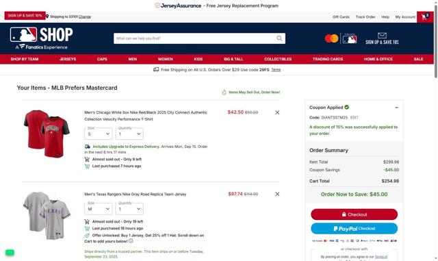 San Francisco Giants checkout page showing San Francisco Giants coupon code box | Screenshot taken by SimplyCodes community member on Sep 11, 2025