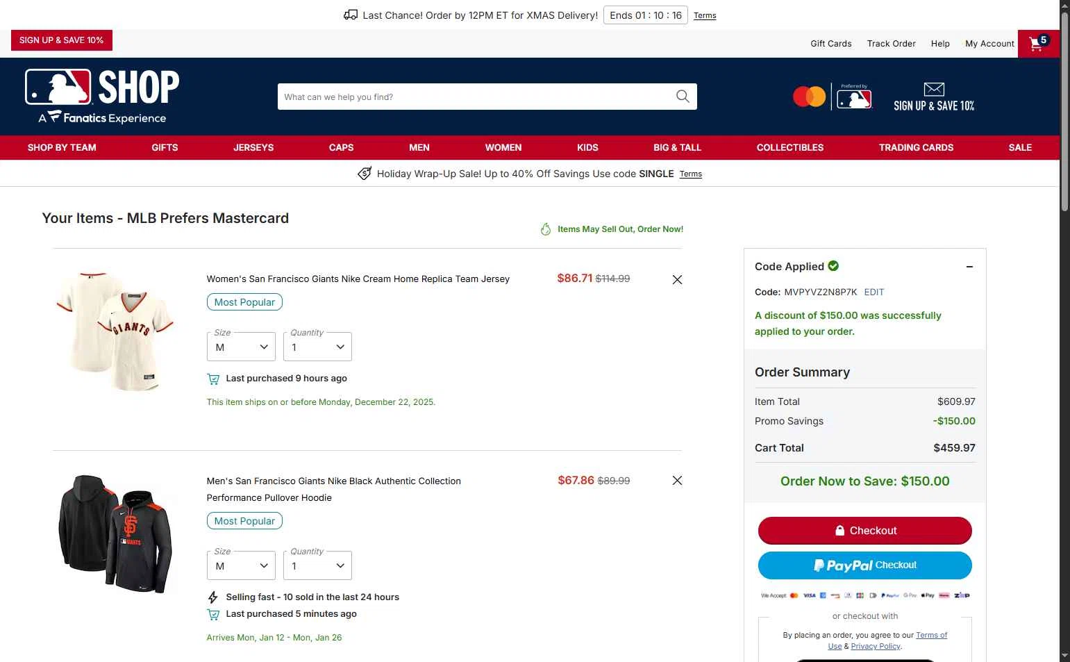 San Francisco Giants checkout page showing San Francisco Giants coupon code box | Screenshot taken by SimplyCodes community member on Dec 22, 2025