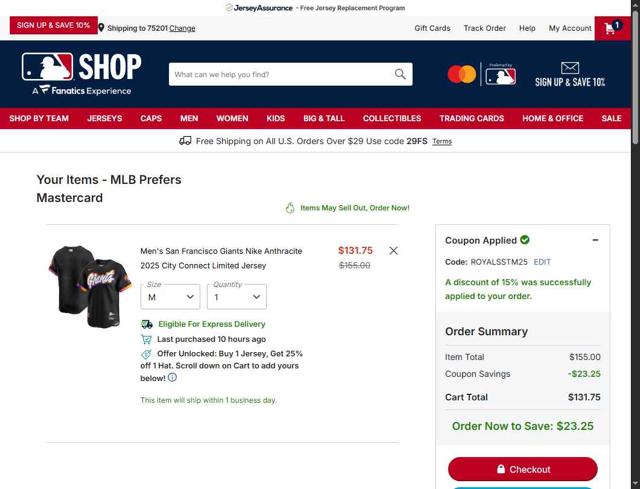 San Francisco Giants checkout page showing San Francisco Giants coupon code box | Screenshot taken by SimplyCodes community member on Sep 7, 2025