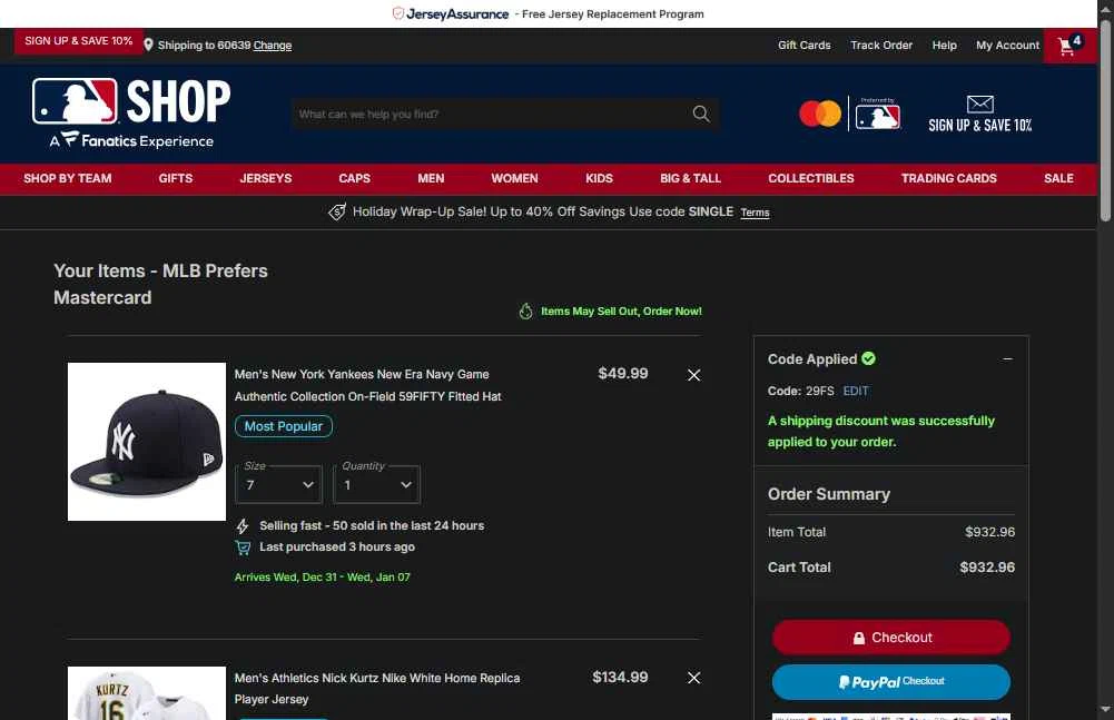 San Francisco Giants checkout page showing San Francisco Giants coupon code box | Screenshot taken by SimplyCodes community member on Dec 24, 2025